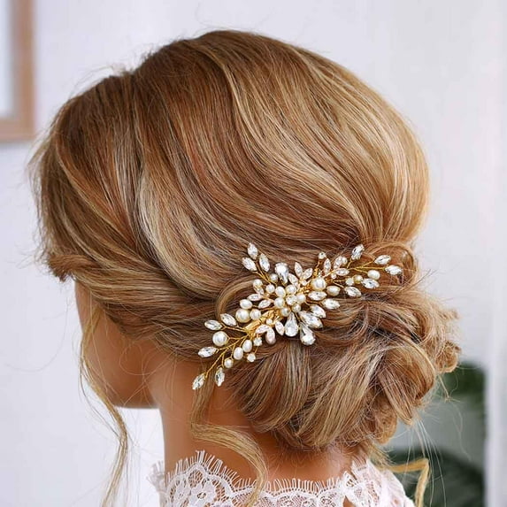 Wedding Hair Clip Rhinestone Bridal Hair Piece Pearl Hair Barrette Crystal Bride Wedding Hair Accessories for Women and Girls (B Gold)