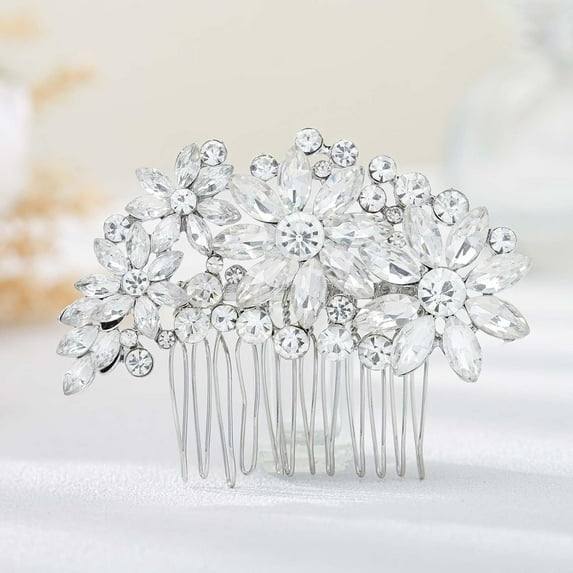 Wedding Hair Comb Brides Rhinestone Hair Accessories Bridal Hair Pieces Flower Silver Headpiece Crystal Bridesmaids Hair Side Combs Bride Hair Clips Wedding Accessories for Brides (Silver)