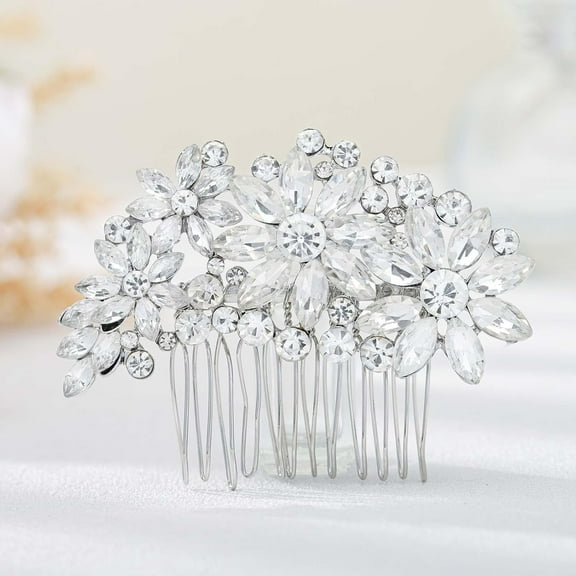 Wedding Hair Comb Brides Rhinestone Hair Accessories Bridal Hair Pieces Flower Silver Headpiece Crystal Bridesmaids Hair Side Combs Bride Hair Clips Wedding Accessories for Brides (Silver)