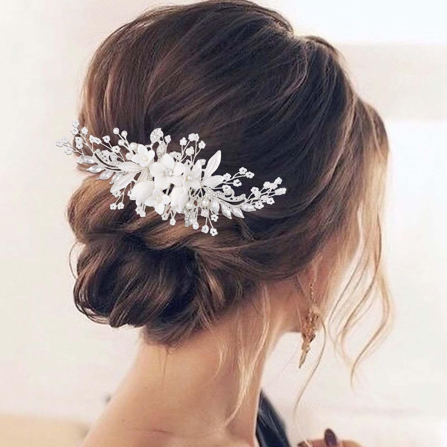 Wedding Hair Comb Rhinestone Silver Bridal Hair Pieces Flower Crystal Prom Headpiece Pearls Bride Hair Clips Bridesmaids Decorative Hair Side Combs Wedding Hair Accessories for Brides (Silver C)