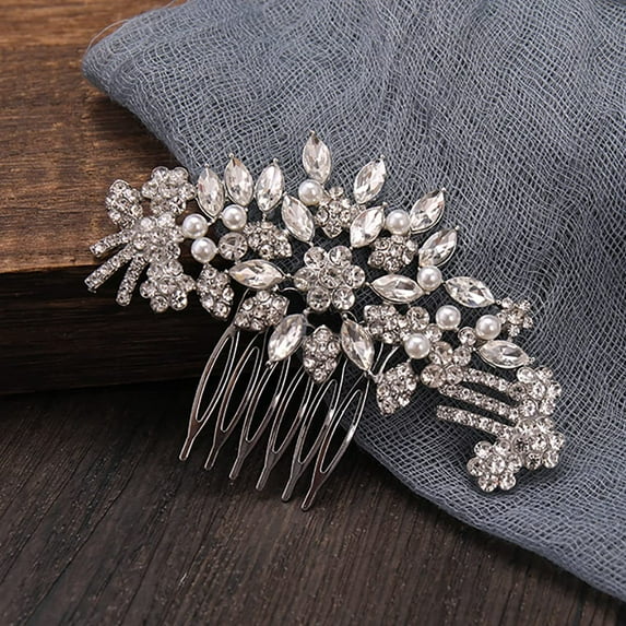 Wedding Hair Combs Silver Flower Bridal Hair pieces Rhinestone Hair Headband Pearl Hair Accessory for Women and Girls (A)