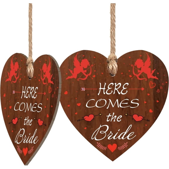 Wedding Hanging Sign Here Comes The Bride Wooden Plaque Wedding Gift 2pcs Wooden Hanging Heart Plaque with Jute Twine