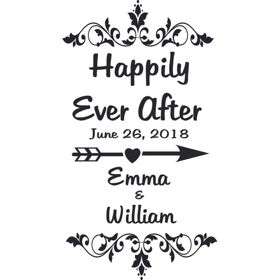 Wedding Happily Ever After Bride Groom Customized Wall Decal - Custom Vinyl Wall Art - Personalized Name - Baby Girls Boys Kids Bedroom Wall Decal Room Decor Wall Stickers Decoration Size (40x20 inch)