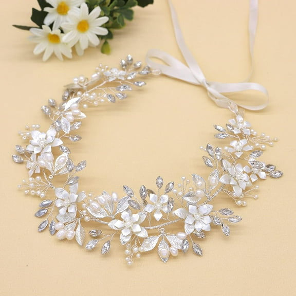 Wedding Headband Bridal Headpiece Flower Design With Genuine Freshwater Pearls And Ribbons Hair Accessories For Bride (Rose Gold)
