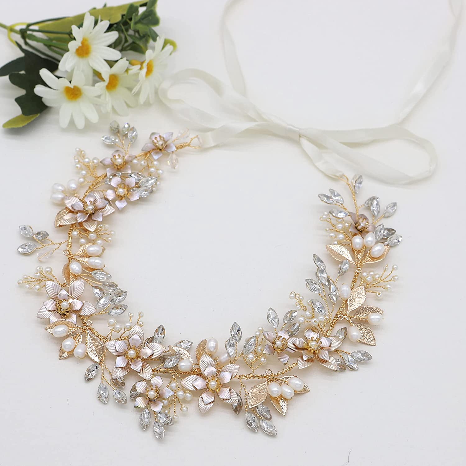 Wedding Headband Bridal Headpiece Flower Design Freshwater Pearls Ribbon Hair Whimsical pearl bridal headband - Pearl burst and silk  main image 4