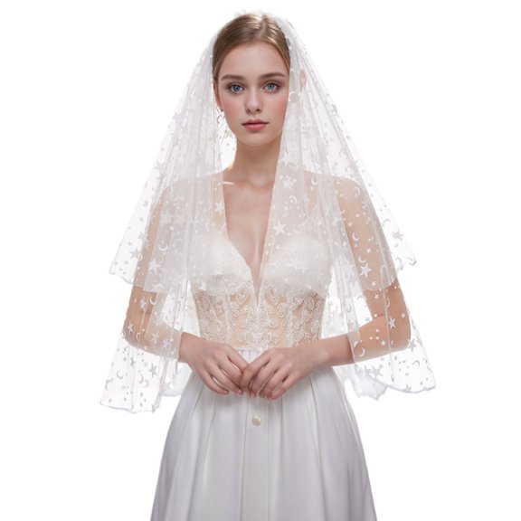 Wedding Headscarf Double Layer Plush Veil with Stars and Moon Metal Comb Patterns for Women, Perfect for Bridal Weddings
