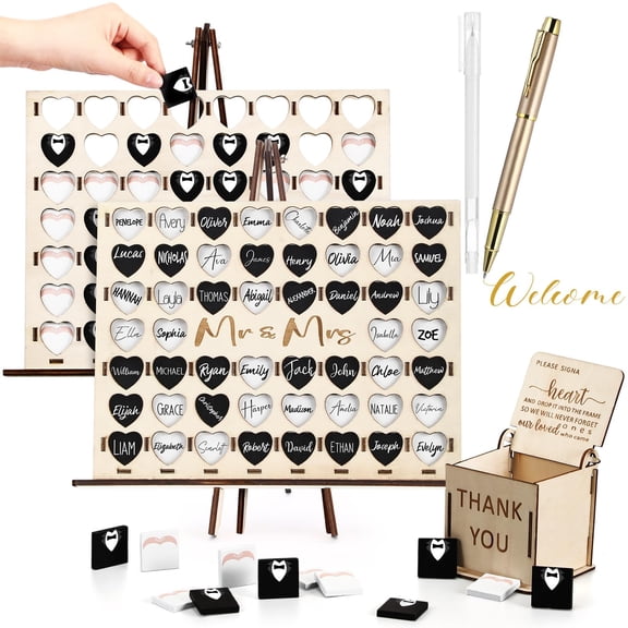 Wedding Heart Sign Game 54 Pc Wooden Token Set with Pens and Storage Board
