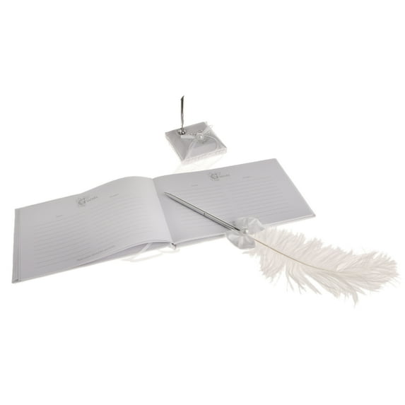 Wedding Heart White Reception Guest Book Feather Bowknot Pen and Stand Set