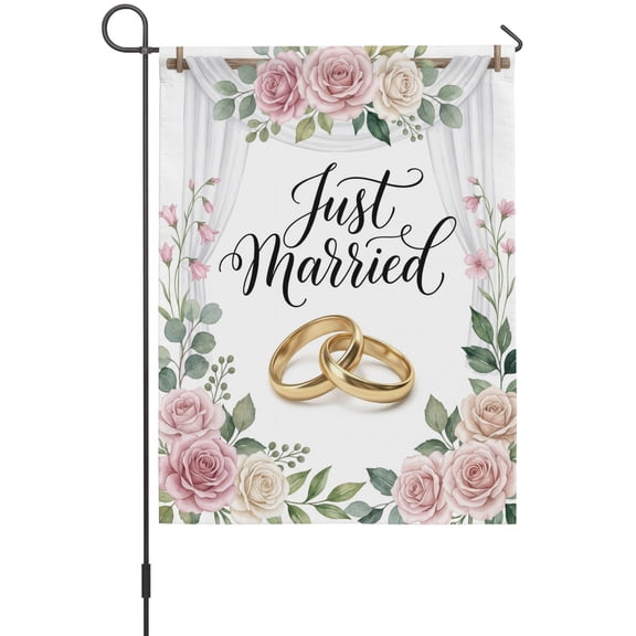 Wedding House Flags For Outdoor, Just Married Rings Roses Formal Romantic Small Double Side Yard Flags Weather Proof House Decor for Lawn Outside Holiday 28 x 40 Inches