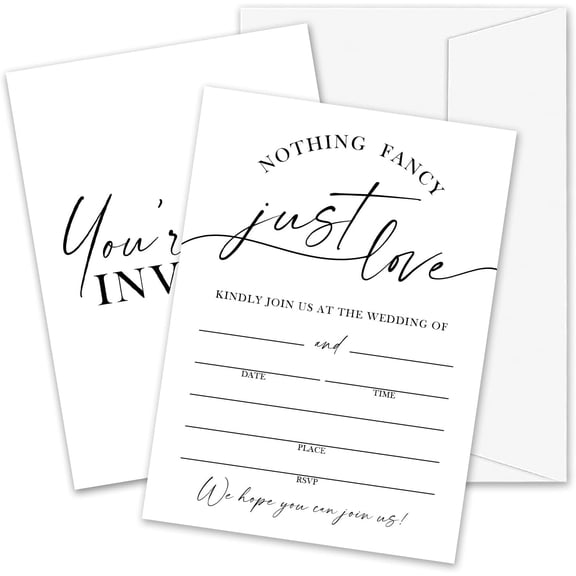 Wedding Invitations with Envelopes, 5"x7", 25 Pack, A11 | Nothing Fancy Just Love Minimalist White Design | Double-Sided Cards | Fill-In Wedding Invitations for Ceremony & Reception