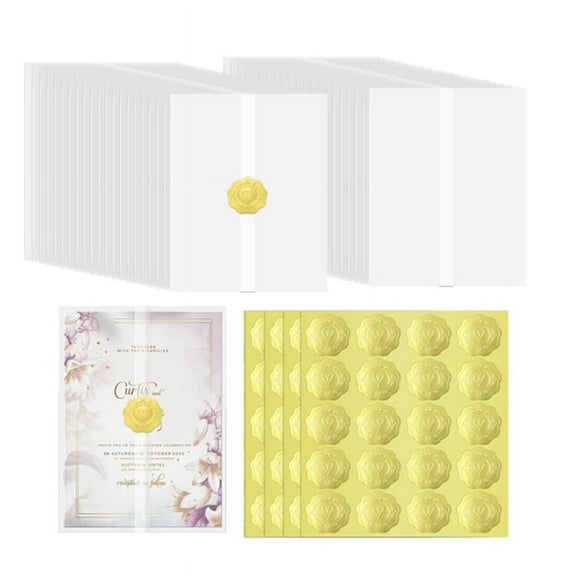 Wedding Invitations Wraps Set Include 100Pc Pre Folded Vellum Jackets for 5X7,Gold Self Adhesive Envelope Seal Stickers