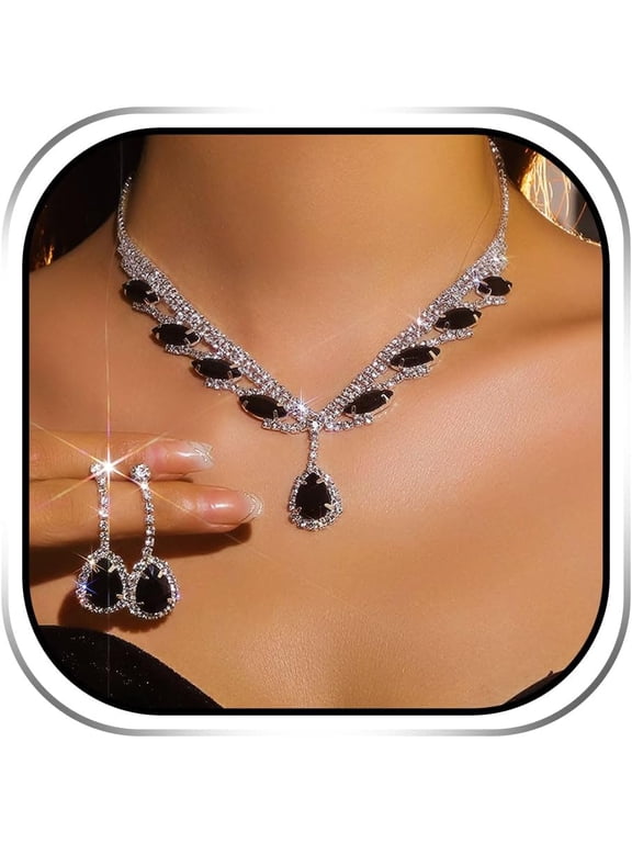 Wedding Jewelry Sets Black Bridal Prom Rhinestone Necklace and Earring for Women