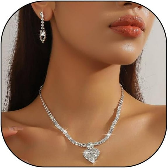 Wedding Jewelry Sets for Brides Dainty Silver Heart Necklace Earrings Set Crystal Heart Choker Necklace Dangle Earrings Trendy Party Prom Jewelry Gift