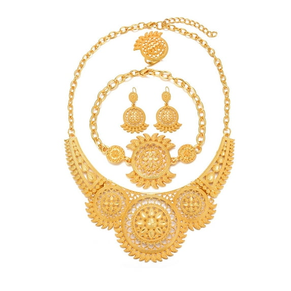 Wedding Jewelry Sets for Women Gold Color Chokers Chain Bracelet Earrings Ring Set African Middle East Dubai Gifts