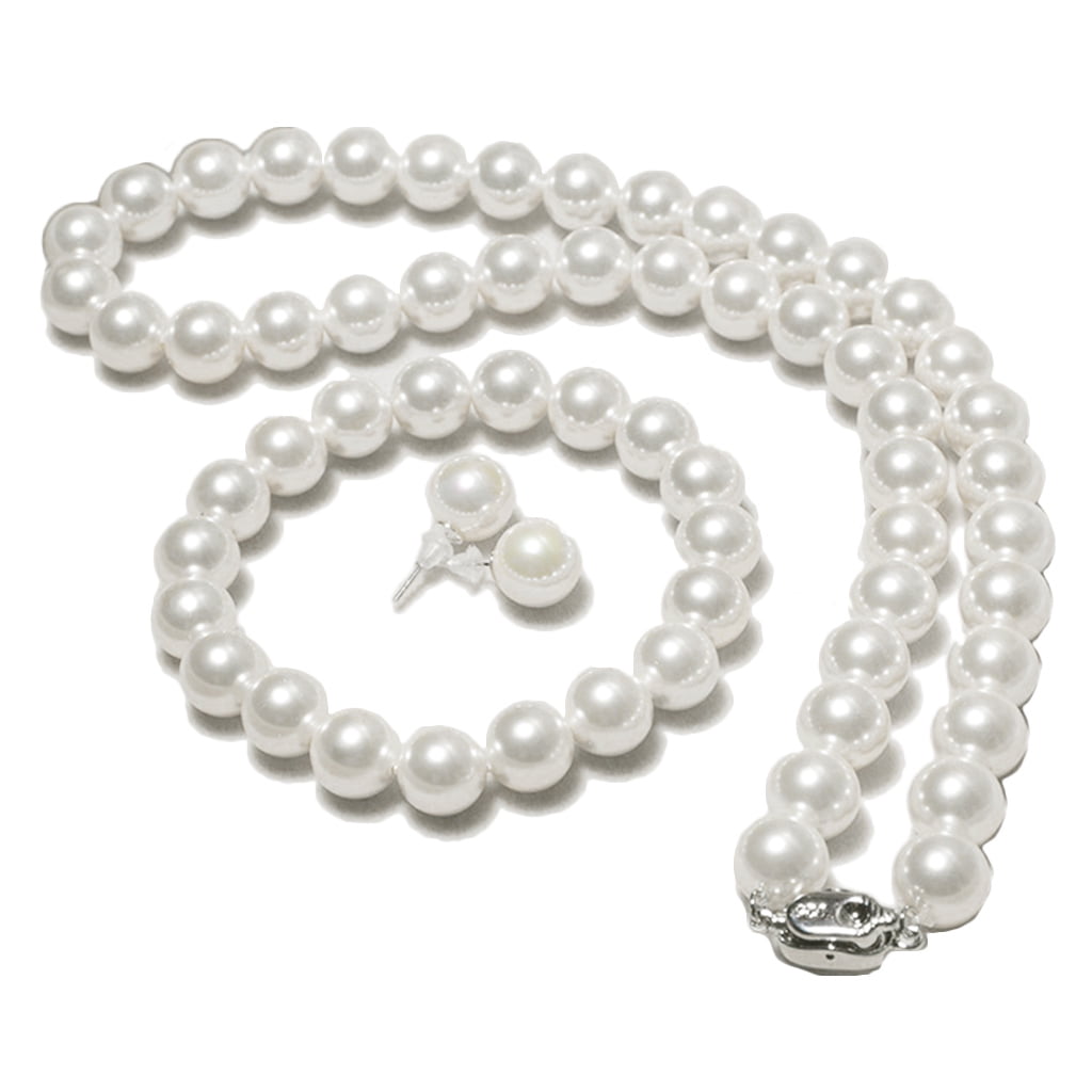 Wedding Jewelry White Pearls Simple Necklace Set Matching Bracelet