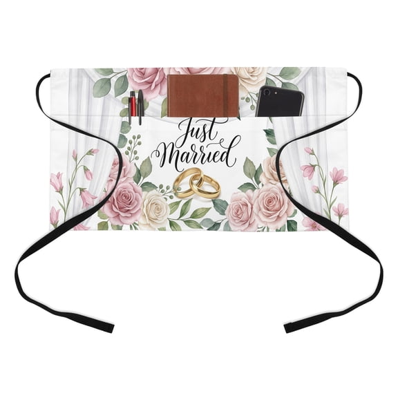 Wedding Kitchen Restaurant Half Waist Apron, Just Married Rings Roses Formal Romantic Server Short Apron with 3 Pockets Waterproof Oil Waist Aprons for Women Waitress Waiter