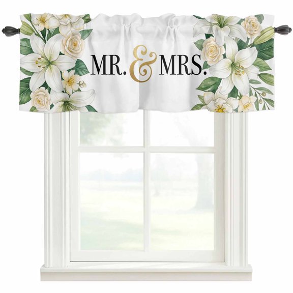 Wedding Kitchen Valances for Windows, Spring Mr Mrs Flowers Eucalyptus Leaves Plants Bathroom Window Valances 42x12 Inch Rod Pocket Window Treatments Valance Curtains for Living Room Bedroom Decor