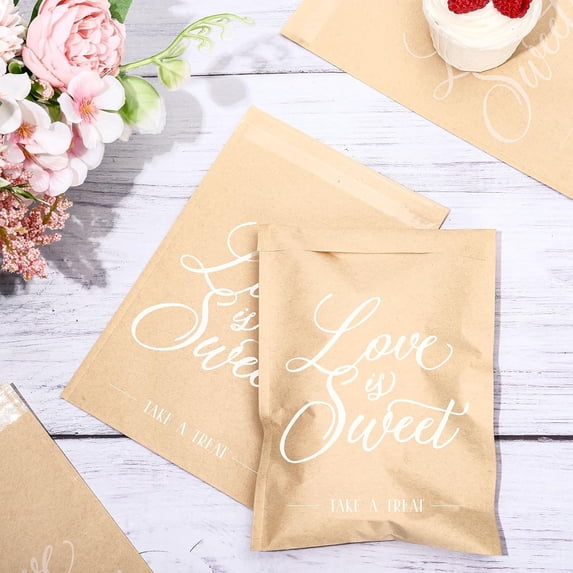 Wedding Kraft Treat Bags Love is Sweet Self-Adhesive Candy Cookies Bags Buffet Donut Snacks Gifts Packing for Guest Gift Wrapping Bridal Shower Birthday Party Favor