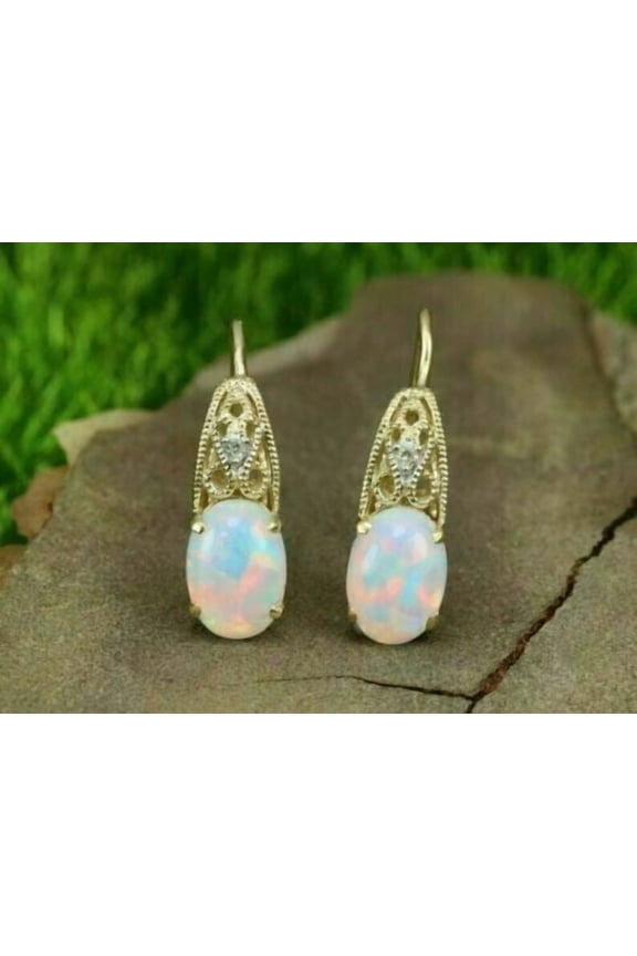 Wedding Lever back Earrings Oval Cut Fire Opal Drop Dangle 14k Yellow Gold Plated