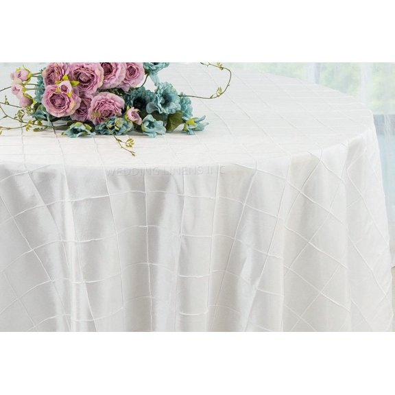 Wedding Linens Inc. 108" Pintuck Taffeta Seamless Linen Tableccloth for Party Wedding Reception Catering Dining Home Table Cover Linens - White