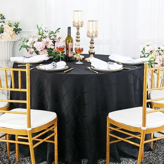 Wedding Linens Inc. 108" Plaid Checkered Pattern Design Polyester Jacquard Round Seamless Linen Tablecloth Table Covers Linens - Black