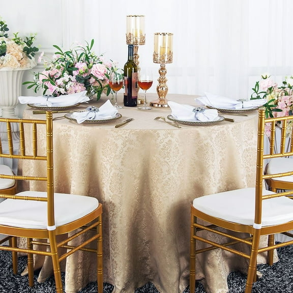 Wedding Linens Inc. 108" Round Damask Marquis Damask Jacquard Polyester Linen Tablecloth Table Covers with Seamless Design - Champagne
