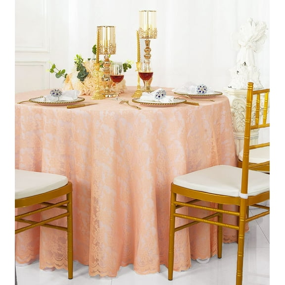 Wedding Linens Inc. 108" Round Lace Table Overlays, Lace Tablecloths, Lace Table Overlay Linens, Lace Table Toppers for Wedding Decorations, Events Banquet Party (1pc) - Apricot / Peach