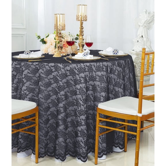 Wedding Linens Inc. 108" Round Lace Table Overlays, Lace Tablecloths, Lace Table Overlay Linens, Lace Table Toppers for Wedding Decorations, Events Banquet Party (1pc) - Pewter / Charcoal