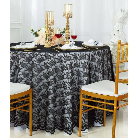 Wedding Linens Inc. 108" Round Lace Table Overlays, Lace Tablecloths, Lace Table Overlay Linens, Lace Table Toppers for Wedding Decorations, Events Banquet Party Supplies (1pc) - Black