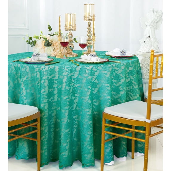 Wedding Linens Inc. 108" Round Lace Table Overlays, Lace Tablecloths, Lace Table Overlay Linens, Lace Table Toppers for Wedding Decorations, Events Banquet Party Supplies (1pc) - Jade