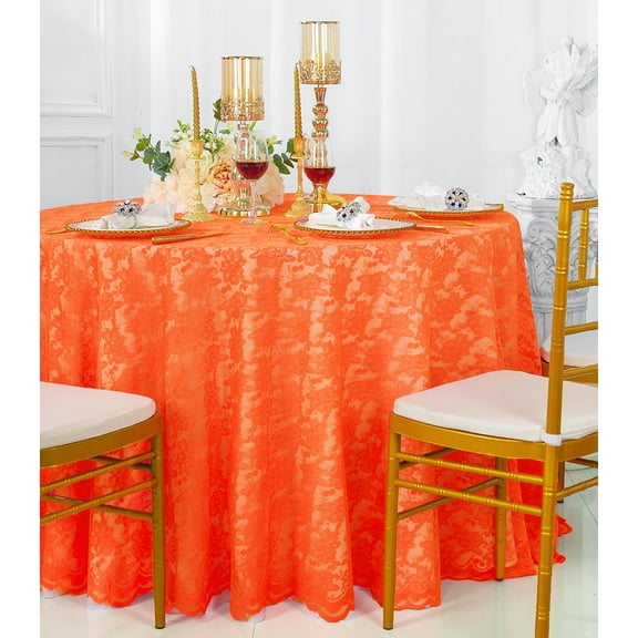 Wedding Linens Inc. 108" Round Lace Table Overlays, Lace Tablecloths, Lace Table Overlay Linens, Lace Table Toppers for Wedding Decorations, Events Banquet Party Supplies (1pc) - Orange