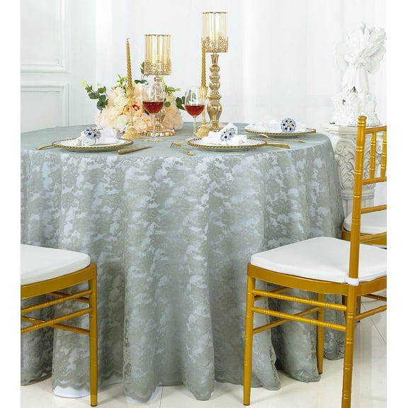 Wedding Linens Inc. 108" Round Lace Table Overlays, Lace Tablecloths, Lace Table Overlay Linens, Lace Table Toppers for Wedding Decorations, Events Banquet Party Supplies (1pc) - Silver