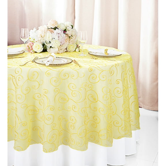 Wedding Linens Inc. 108" Round Seamless Embroidered Organza Table Overlay Tablecloth - Canary Yellow