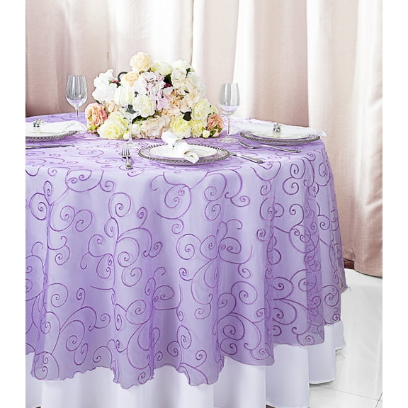Wedding Linens Inc. 108" Round Seamless Embroidered Organza Table Overlay Tablecloth - Lavender