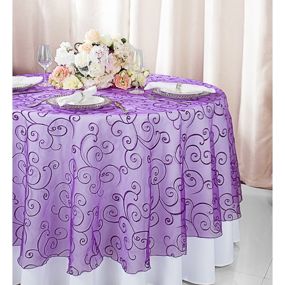 Wedding Linens Inc. 108" Round Seamless Embroidered Organza Table Overlay Tablecloth - Purple