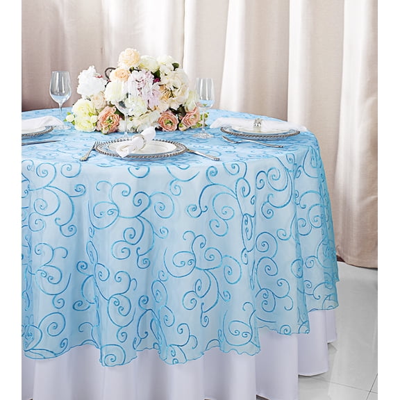 Wedding Linens Inc. 108" Round Seamless Embroidered Organza Table Overlay Tablecloth - Turquoise
