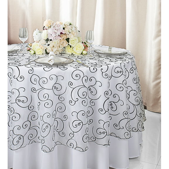 Wedding Linens Inc. 108" Round Seamless Embroidered Organza Table Overlay Tablecloth - White/ Black