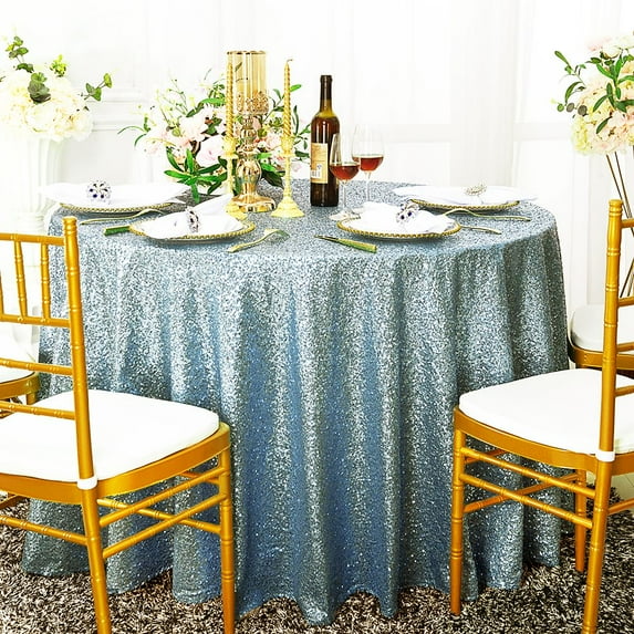 Wedding Linens Inc. 108" Round Sequin Taffeta Tablecloth -Dusty Blue