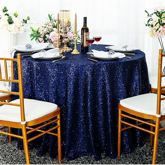 Wedding Linens Inc. 108" Round Sequin Taffeta Tablecloth - Navy Blue