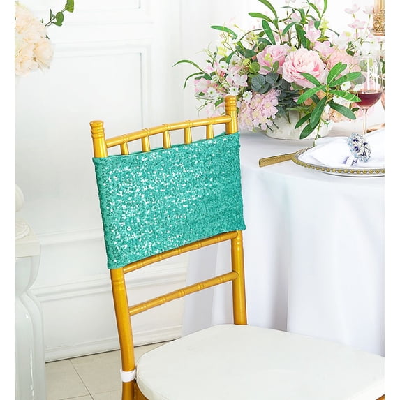 Wedding Linens Inc. (10pcs) 7"x 13" Sequin Spandex Elastic Lycra Stretch Chair Bands Chair Sashes for Wedding, Luxury Events, Party use - Aqua Blue/Tiffany blue