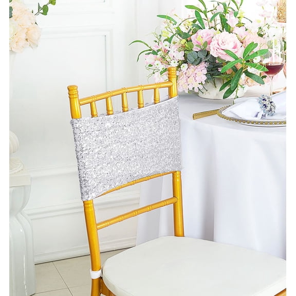 Wedding Linens Inc. (10pcs) 7"x 13" Sequin Spandex Elastic Lycra Stretch Chair Bands Chair Sashes for Wedding, Luxury Events, Party use - Platinum