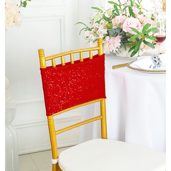 Wedding Linens Inc. (10pcs) 7"x 13" Sequin Spandex Elastic Lycra Stretch Chair Bands Chair Sashes for Wedding, Luxury Events, Party use - Red