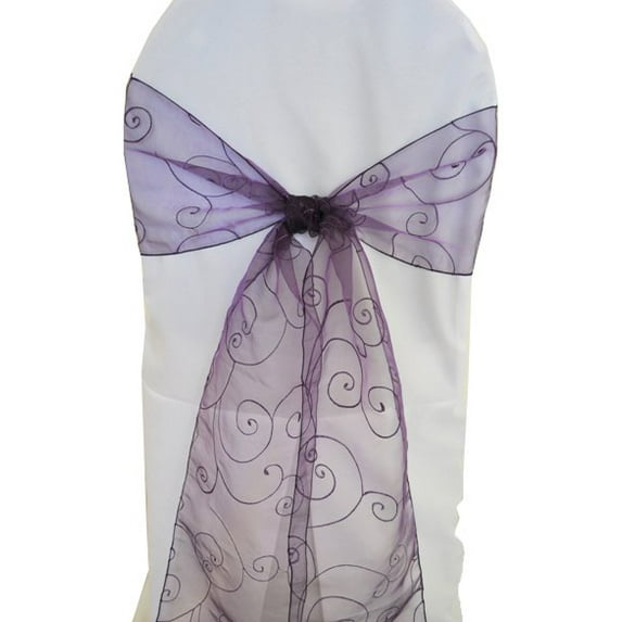 Wedding Linens Inc. (10pcs) 8'' x 108'' Embroidered Organza Sheer Chair Sashes Chair Bow Ties - Eggplant