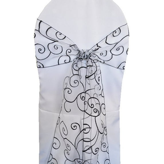 Wedding Linens Inc. (10pcs) 8'' x 108'' Embroidered Organza Sheer Chair Sashes Chair Bow Ties - White/ Black