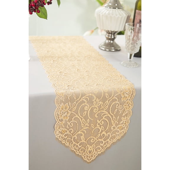 Wedding Linens Inc. 12" x 108" Chantilly Lace Table Runner for Wedding, Events, Dcor and Home Decoration use - Champagne