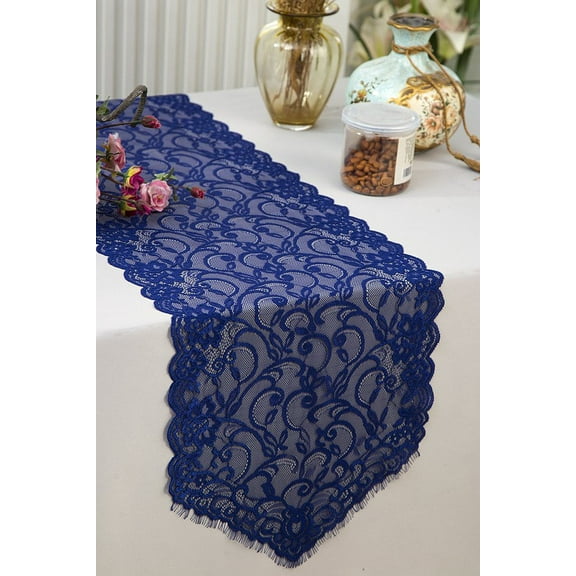 Wedding Linens Inc. 12" x 108" Chantilly Lace Table Runner for Wedding, Events, Dcor and Home Decoration use - Navy blue