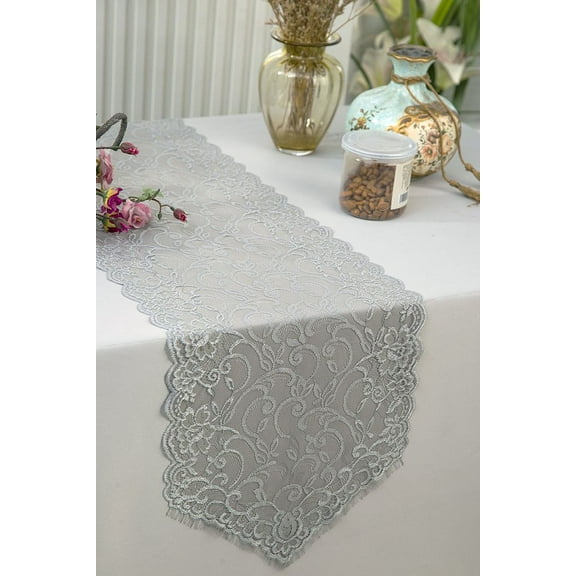 Wedding Linens Inc. 12" x 108" Chantilly Lace Table Runner for Wedding, Events, Dcor and Home Decoration use - Silver