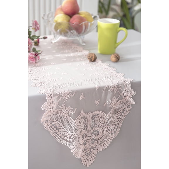 Wedding Linens Inc. 12" x 108" Jasmine Raschel Lace Embroidered Table Runner for Wedding, Events, Dcor and Home Decoration use - Blush Pink