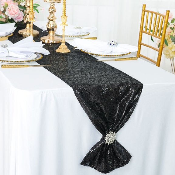 Wedding Linens Inc. 12"x108" Sequin Taffeta Table Runner for Wedding, Luxury Events, Party use - Black