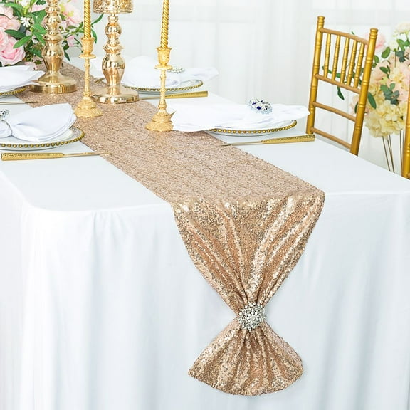 Wedding Linens Inc. 12"x108" Sequin Taffeta Table Runner for Wedding, Luxury Events, Party use - Champagne